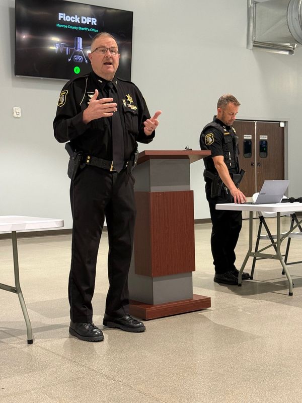 Monroe County Sheriff Troy Goodnough and Capt. David Raymond answer the public's questions at a Townhall in Frenchtown Township.