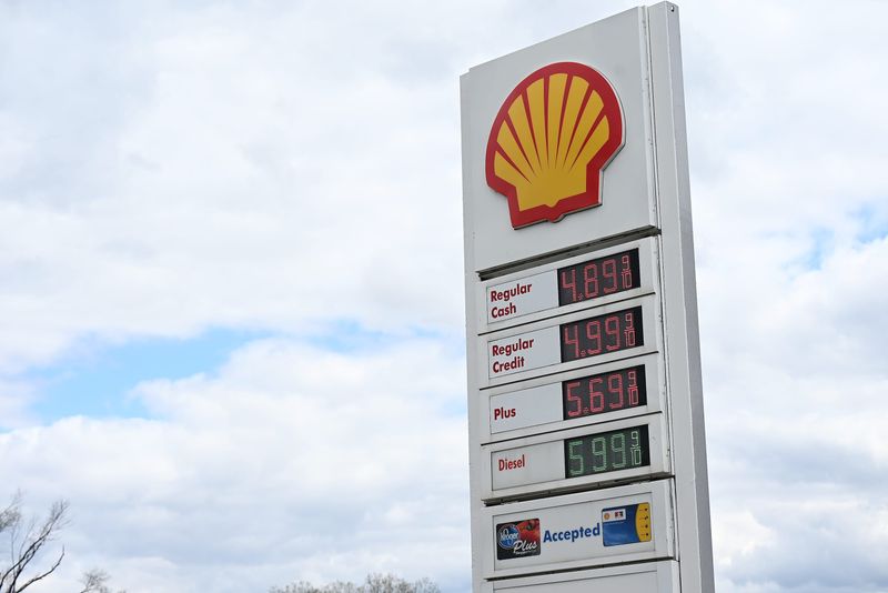 Regular unleaded is $4.89 and $4.99 on April 30, 2026 at the Shell gas station in Oxford, Mich.
