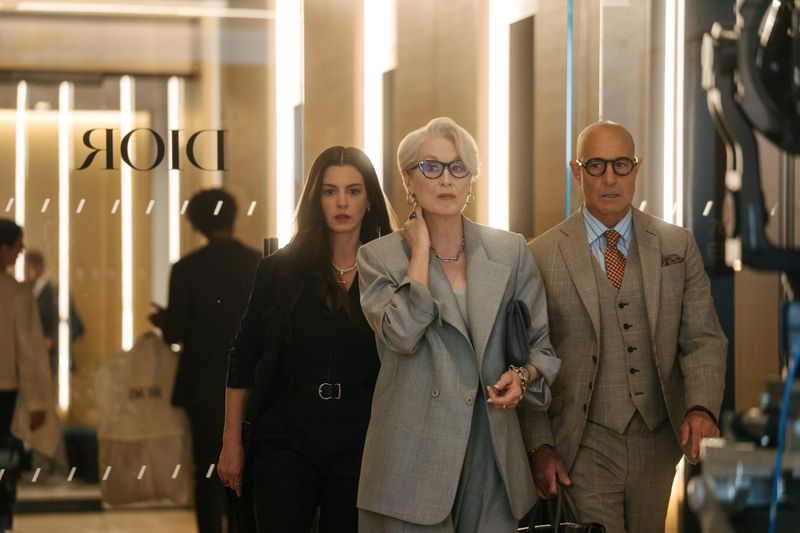 Anne Hathaway as Andy Sachs, Meryl Streep as Miranda Priestly and Stanley Tucci as Nigel Kipling in 20th Century Studios' "The Devil Wears Prada 2." Photo by Macall Polay. © 2026 20th Century Studios. All Rights Reserved.