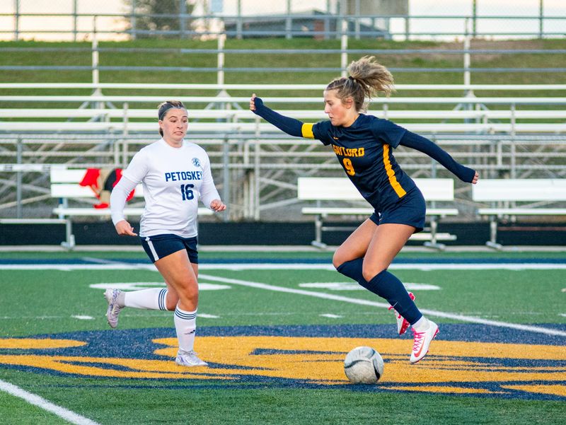 Gaylord's Molly Hicks plays the ball at her feet during a 3-1 victory over Petoskey on Thursday, April 30.