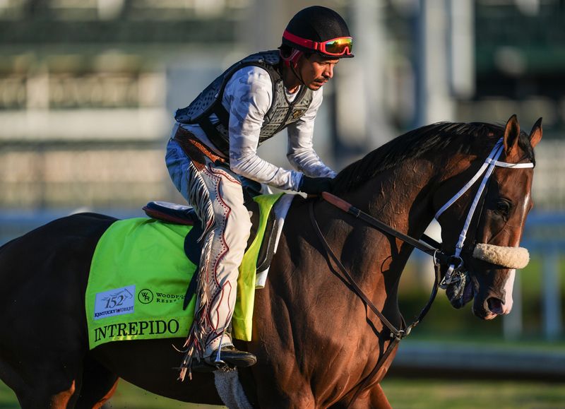 2026 Kentucky Derby horse Intrepido with exercise rider Alex Galindo working at Churchill Downs during Kentucky Derby week. Trainer is Jeff Mullins. April 30, 2026