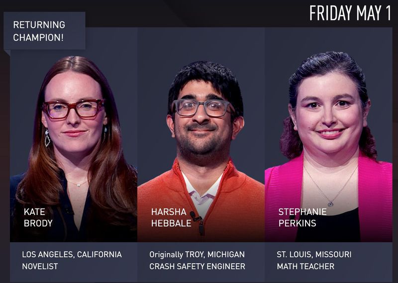 A screenshot of the "Jeopardy!" contestants for the May 1, 2026, game featuring Troy engineer Harsha Hebbale.