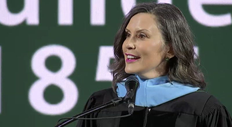 Michigan Gov. Gretchen Whitmer speaks at Michigan State University's convocation ceremony on May 1, 2026.