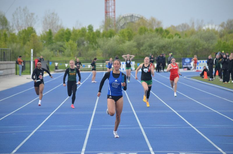GVSU's Alaina Diaz races to the finish line in the 4x200 at the GLIAC Championships on Friday, May 1, at Grand Valley State.