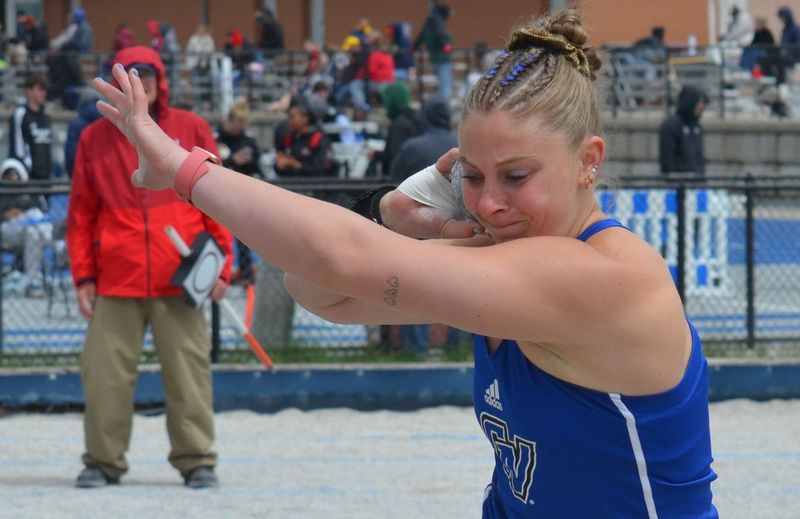 GVSU's Paige Westra won the GLIAC title in the shot put on Friday, May 1, at Grand Valley State.