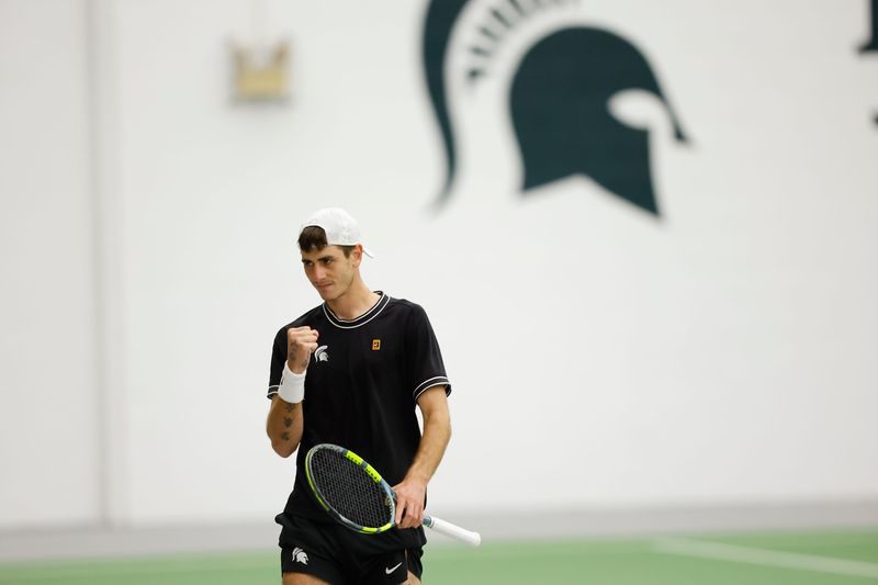 MSU's Aristotelis Thanos, shown here on April 19, 2026 against Purdue, won his No. 1 singles match Friday, May 1, 2026, to lead the Spartans past North Carolina in the first round of the NCAA tournament in Columbia, South Carolina.