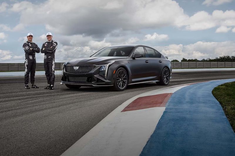 Cadillac introduced the Cadillac CT5-V Blackwing F1 Collector Series 1 on Friday, May 1, 2026, in Miami with Cadillac F1 drivers Valterri Bottas, left, and Sergio Pérez.