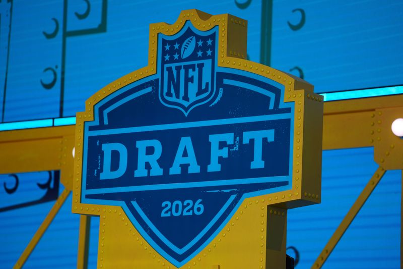 Apr 23, 2026; Pittsburgh, PA, USA; The 2026 NFL Draft logo on the theater stage at Acrisure Stadium. Mandatory Credit: Kirby Lee-Imagn Images