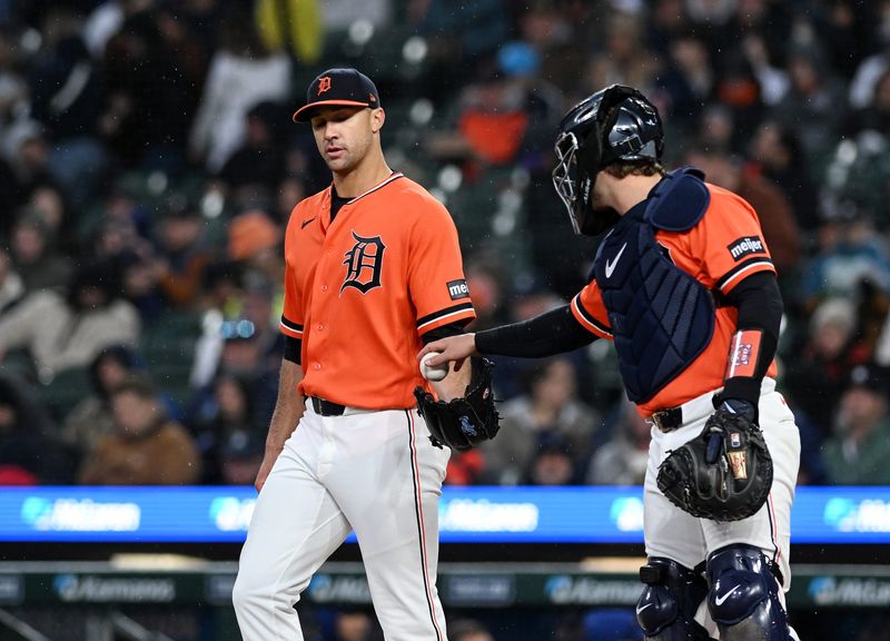 Tigers pitcher Jack Flaherty gets the ball from catcher Dillon Dingler after the Rangers score in the third inning. Detroit Tigers take on the Texas Rangers on May 1, 2026 at Comerica Park in Detroit.