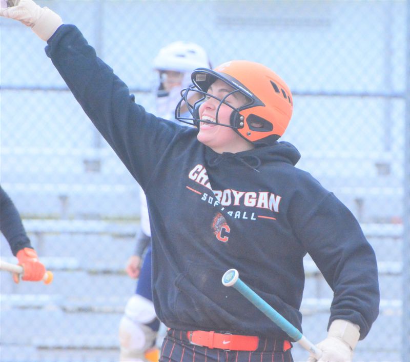 Junior Nataleigh Blaisdell celebrates after scoring the only run in a 1-0 Cheboygan softball victory over Negaunee in game one on Friday, May 1.