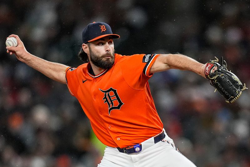 Detroit Tigers pitcher Brenan Hanifee (75) delivers a pitch against Texas Rangers during the sixth inning at Comerica Park in Detroit on Friday, May 1, 2026.
