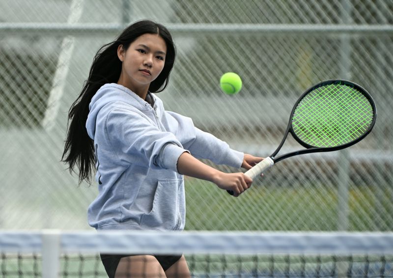 Troy High School’s Julia Xiao during tennis practice in Troy, Michigan on May 1, 2026.