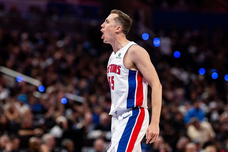 Detroit Pistons forward Duncan Robinson (55) celebrates his three pointer agains the Orlando Magic in the fourth quarter of Game 6 of the first round of the 2026 NBA playoffs at Kia Center in Orlando, Florida, on Friday, May 1, 2026.