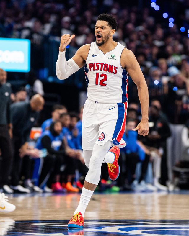 Detroit Pistons forward Tobias Harris (12) celebrates against the Orlando Magic in the fourth quarter of Game 6 of the first round of the 2026 NBA playoffs at Kia Center in Orlando, Florida, on Friday, May 1, 2026.