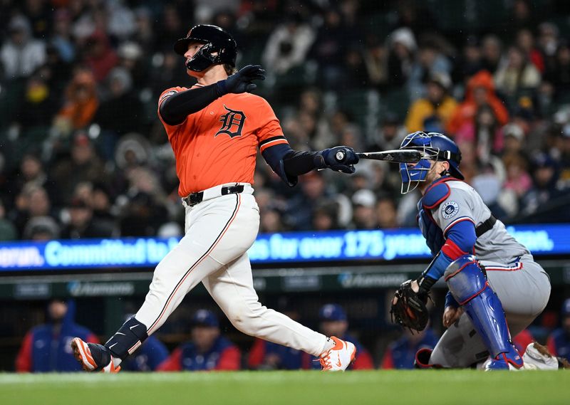 Tigers’ Dillon Dingler singles in the sixth inning. Detroit Tigers take on the Texas Rangers on May 1, 2026 at Comerica Park in Detroit. Tigers lose, 5-4.