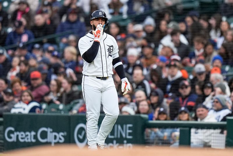 Detroit Tigers second baseman Gleyber Torres (25) bats a single against Texas Rangers during the first inning at Comerica Park in Detroit on Saturday, May 2, 2026.