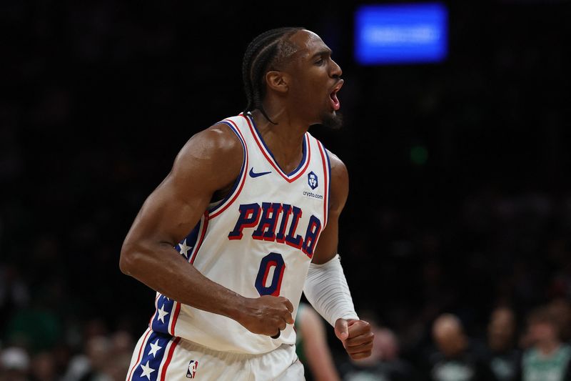 Philadelphia 76ers guard Tyrese Maxey (0) celebrates during the final moments of their win over the Boston Celtics in Game 7.