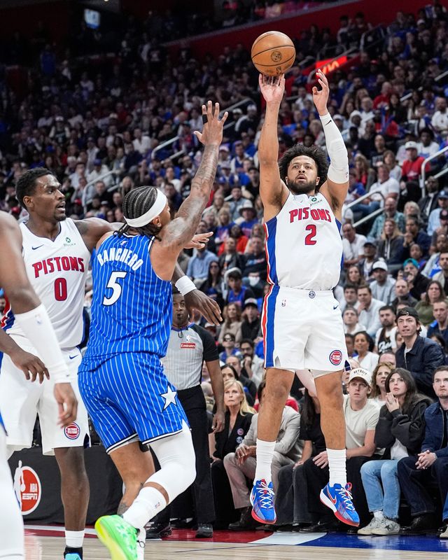 Detroit Pistons guard Cade Cunningham (2) makes a jump shot against Orlando Magic during the first half of Game 7 of first round of NBA playoffs at Little Caesars Arena in Detroit on Sunday, May 3, 2026.