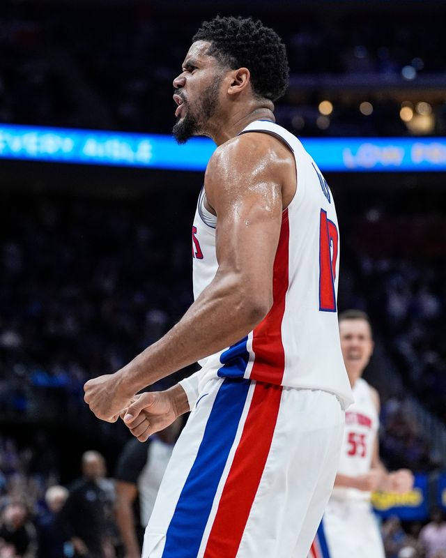 Detroit Pistons forward Tobias Harris (12) celebrates a play against Orlando Magic during the first half of Game 7 of first round of NBA playoffs at Little Caesars Arena in Detroit on Sunday, May 3, 2026.