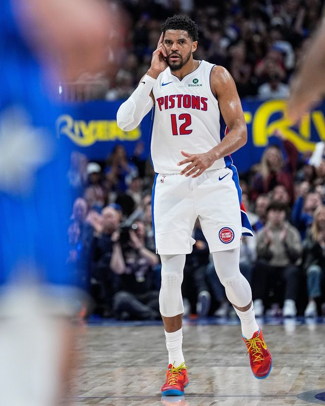 Detroit Pistons forward Tobias Harris (12) celebrates a 3-pointer against Orlando Magic during the first half of Game 7 of first round of NBA playoffs at Little Caesars Arena in Detroit on Sunday, May 3, 2026.