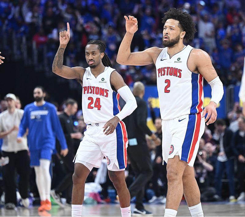 Detroit Pistons guard Cade Cunningham (2) celebrates after making a basket in the first half against the Orlando Magic in Game 7 at Little Caesars Arena on Sunday, May 3, 2026, in Detroit.