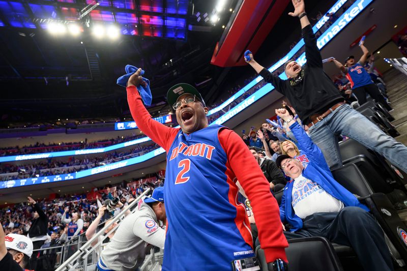 Pistons fan Lavar Jackson of Detroit celebrates during the third quarter of Game 7 against the Orlando Magic at Little Caesars Arena in Detroit on May 3, 2026.