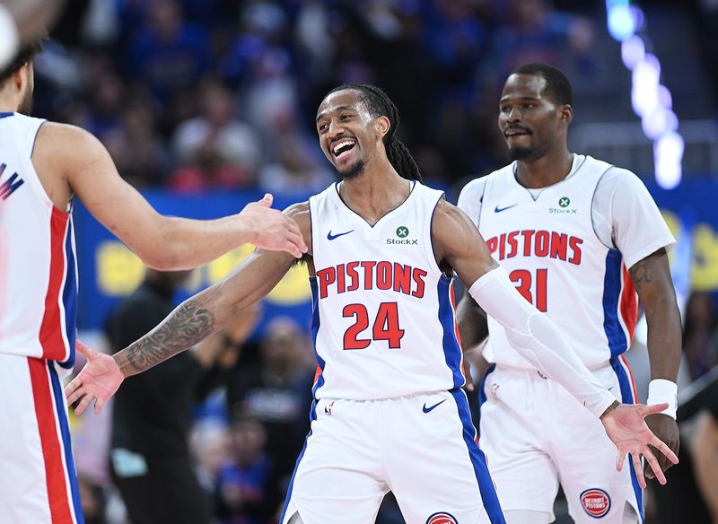 Detroit Pistons guard Daniss Jenkins (24) celebrates after making a 3-point basket in the second half. Detroit Pistons vs Orlando Magic, Round 1, Game 7, at Little Caesars Arena on Sunday, May 3, 2026, in Detroit, Mich