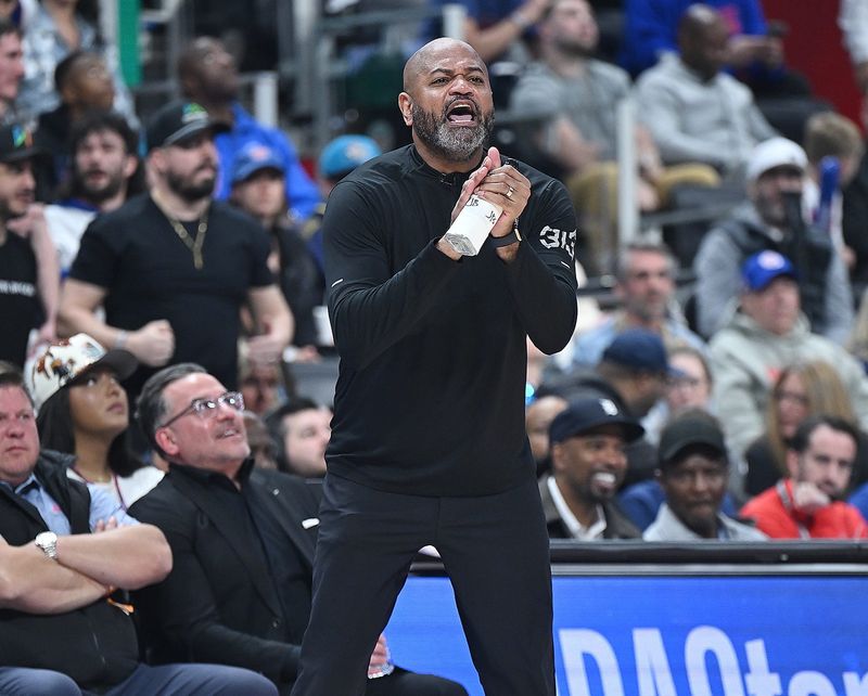 Detroit Pistons Head Coach J.B. Bickerstaff shouts out instructions to his team in the second half. Detroit Pistons vs Orlando Magic, Round 1, Game 7, at Little Caesars Arena on Sunday, May 3, 2026, in Detroit, Mich