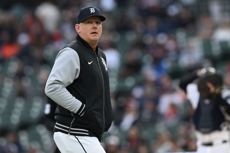 Detroit Tigers manager A.J. Hinch (14) walks off the field after making a pitching change against the Texas Rangers in the first inning at Comerica Park in Detroit on Sunday, May 3, 2026.