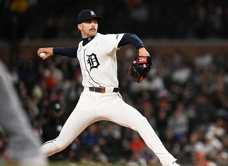 Tigers pitcher Ricky Vanasco delivers a pitch in the eighth inning. Detroit Tigers take on the Texas Rangers on May 3, 2026 at Comerica Park in Detroit.