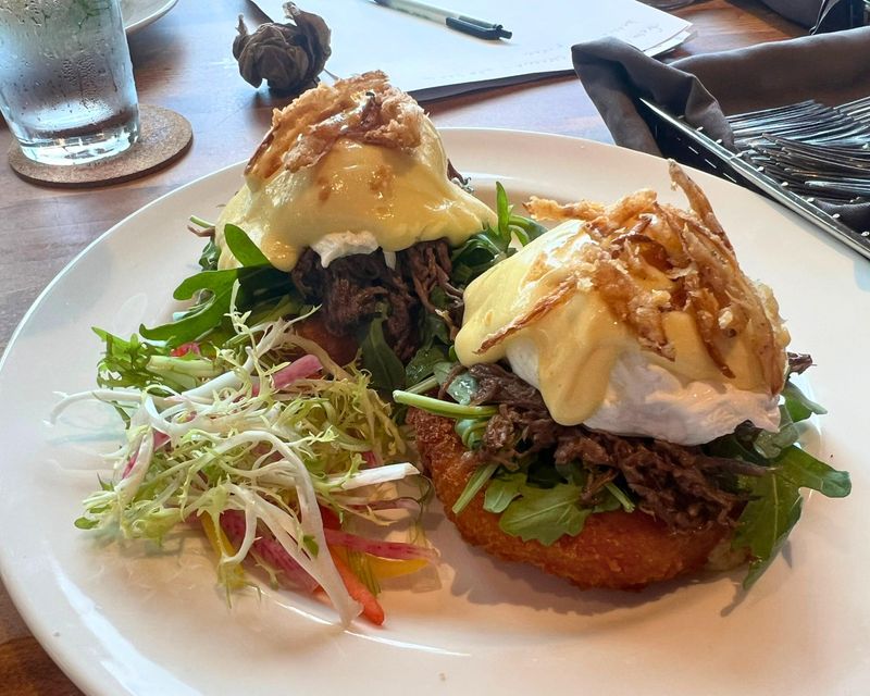 A short rib Benedict with braised short rib, poached eggs, hollandaise, and crispy shallots over a potato croquette is on the new menu at the Continential at the Ford House.