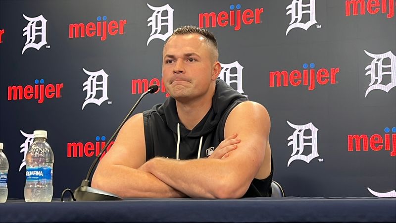 Detroit Tigers left-hander Tarik Skubal talks to reporters before a game against the Boston Red Sox on May 4, 2026, at Comerica Park in Detroit, Michigan.