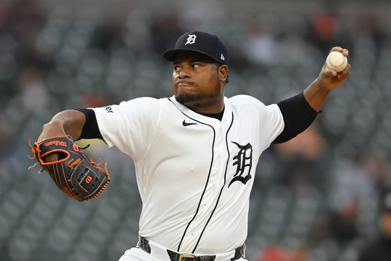 Tigers starting pitcher Framber Valdez (59) throws a pitch against the Red Sox in the second inning at Comerica Park.