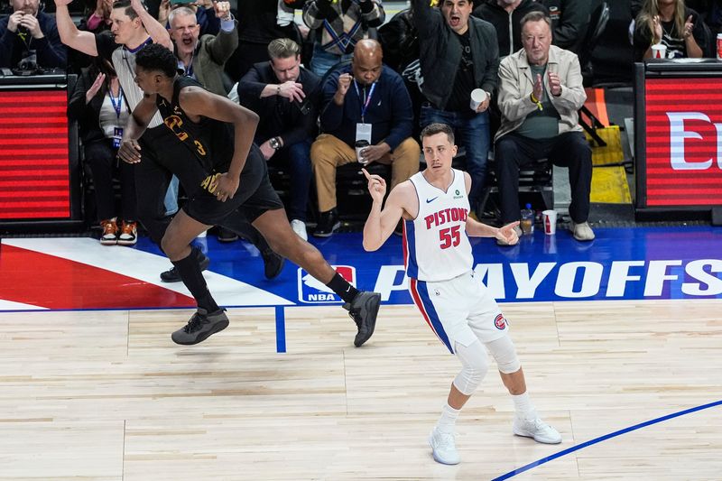 Detroit Pistons forward Duncan Robinson celebrates a 3-point basket against Cleveland Cavaliers during the first half of Game 1 of the second round of the NBA playoffs at Little Caesars Arena in Detroit on Tuesday, May 5, 2026.