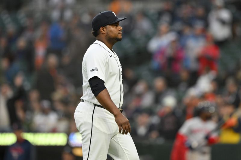 Detroit Tigers starting pitcher Framber Valdez (59) walks off the field after being pulled from the game against the Boston Red Sox in the fourth inning at Comerica Park in Detroit on Tuesday, May 5, 2026.