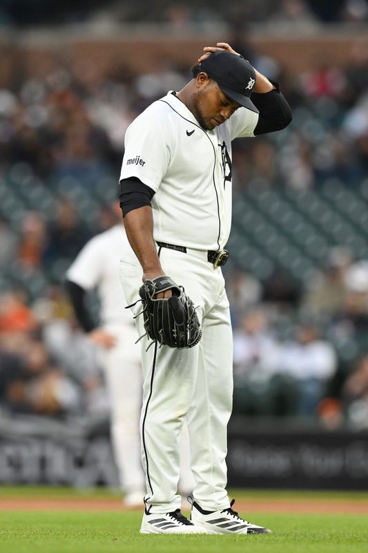 Detroit Tigers starting pitcher Framber Valdez (59) reacts after giving up back-to-back home runs against the Boston Red Sox in the fourth inning at Comerica Park in Detroit on Tuesday, May 5, 2026.