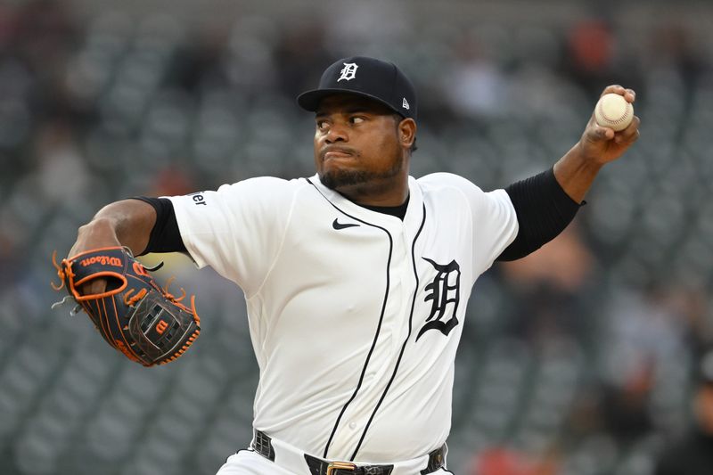 Detroit Tigers starting pitcher Framber Valdez (59) throws a pitch against the Boston Red Sox in the second inning at Comerica Park in Detroit on Tuesday, May 5, 2026.