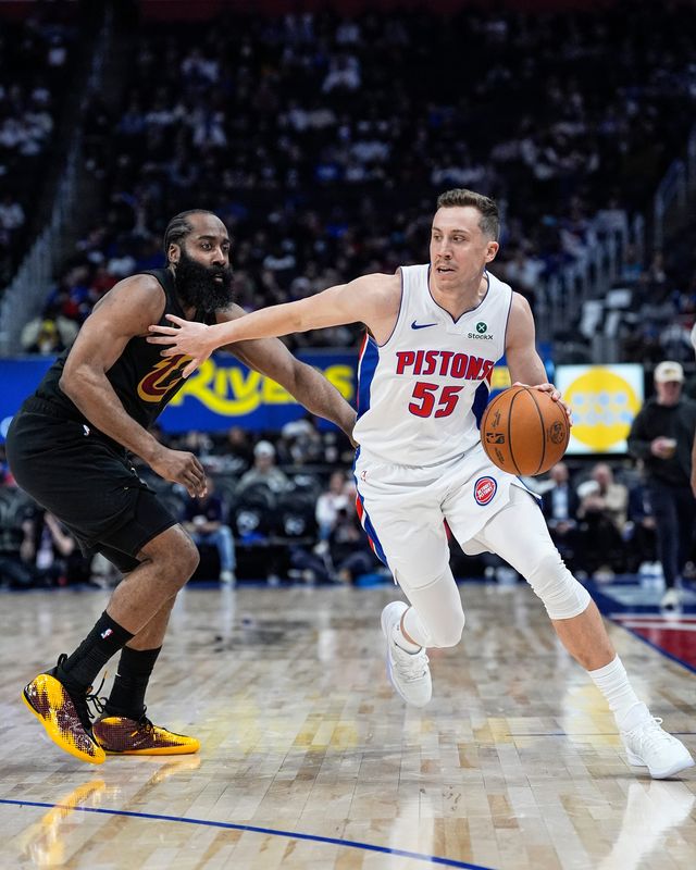Detroit Pistons forward Duncan Robinson (55) dribbles against Cleveland Cavaliers guard James Harden (1) during the second half of Game 1 of second round of NBA playoffs at Little Caesars Arena in Detroit on Tuesday, May 5, 2026.