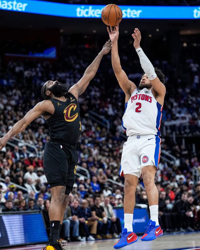 Detroit Pistons guard Cade Cunningham makes a jump shot against Cleveland Cavaliers guard James Harden during the second half of Game 1 of the second round of the NBA playoffs at Little Caesars Arena in Detroit on Tuesday, May 5, 2026.