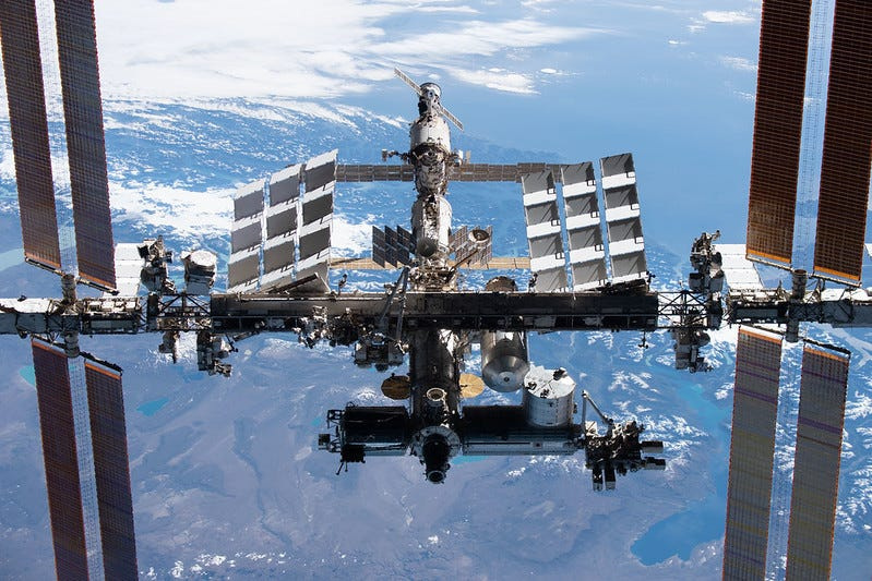 The International Space Station is pictured from the SpaceX Crew Dragon Endeavour during a fly around of the orbiting lab that took place following its undocking from the Harmony module’s space-facing port on Nov. 8, 2021.