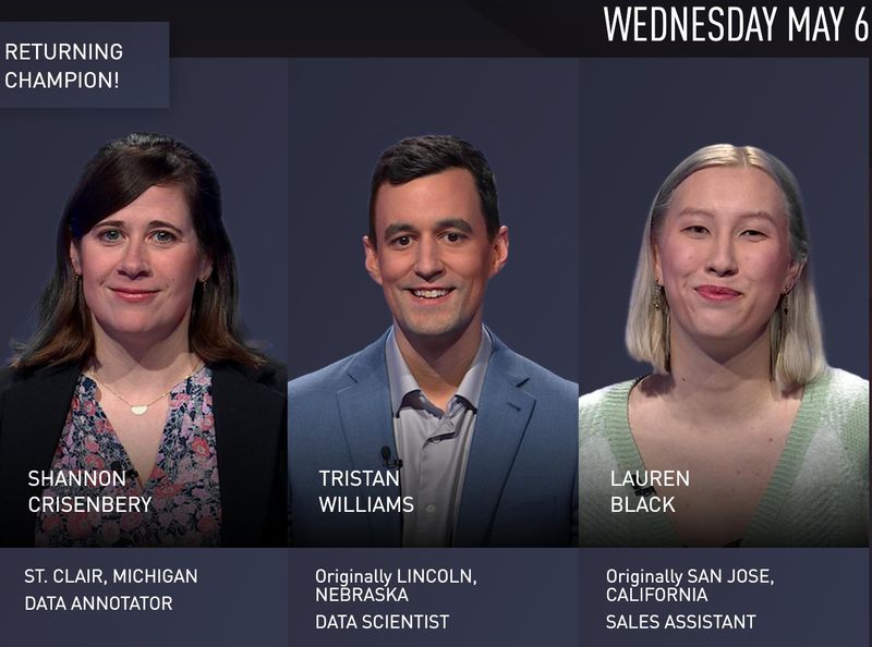 The contestants for the Wednesday, May 6, 2026, "Jeopardy!" game.