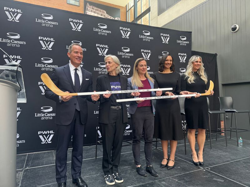 Chris Ilitch, PWHL executives Amy Scheer and Jayna Hefford, Detroit mayor Mary Sheffield and Bridget Sponsky of Ally Chief Marketing on May 6, 2026 in Detroit.