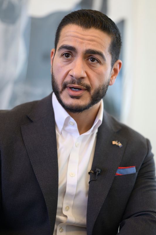 Abdul El-Sayed, a candidate for U.S. Senate, speaks to the Editorial Board of The Detroit News, Wed., May 6, 2026, in Detroit, Mich.