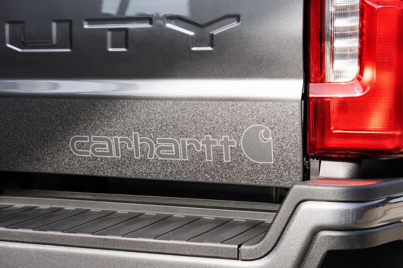 The Carhartt logo on the back of 2027 Super Duty pickup trucks is typically low-key.