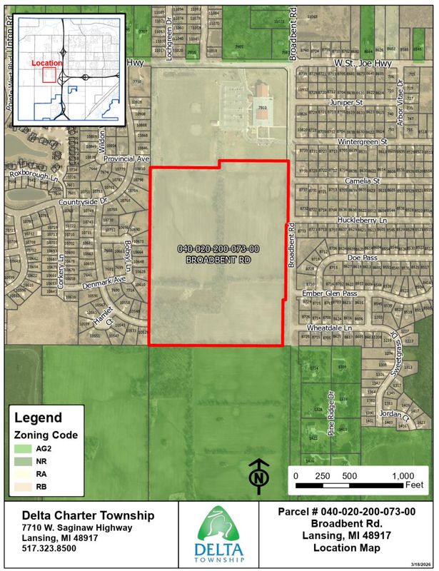 A map showing the location of vacant acres of farmland on the west side of Broadbent Road south of East St. Joseph Highway in Delta Township. Owners have asked that it be rezoned.