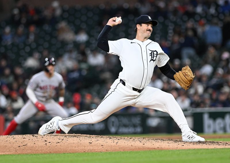 Tigers pitcher Drew Anderson delivers a pitch in the seventh inning. Detroit Tigers take on the Boston Red Sox on May 6, 2026 at Comerica Park in Detroit. Red Sox win, 4-0.