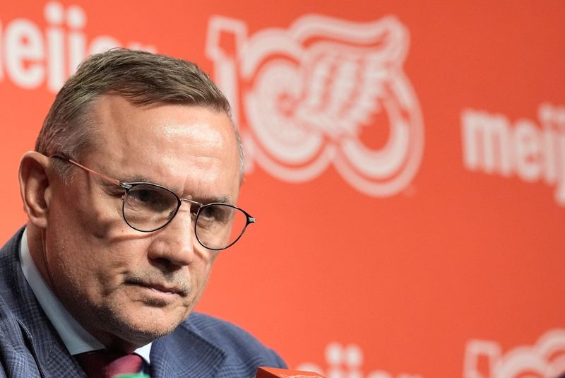 Detroit Red Wings general manager Steve Yzerman listens to a question from the media on Thursday, April 23, 2026, at Little Caesars Arena for the Wings season-ending news conference after missing the NHL playoffs again.