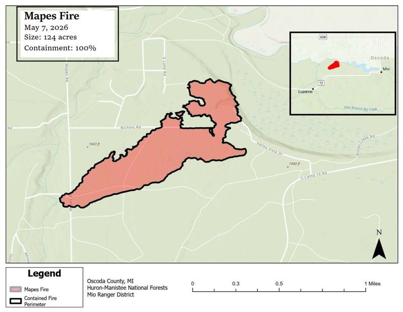 Map showing the boundaries of the 100% contained Mapes fire near Mio, Michigan in the northeast Lower Peninsula as of May 7.