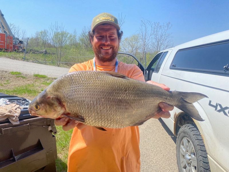 Sedrick Neinhuis holding the state-record gizzard shad he caught on April 22, 2026, in the Grand River in Kent County.