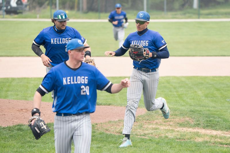 Kellogg players return to the dugout during a game against Kalamazoo Valley at C.O. Brown Stadium on Thursday, May 7, 2026.